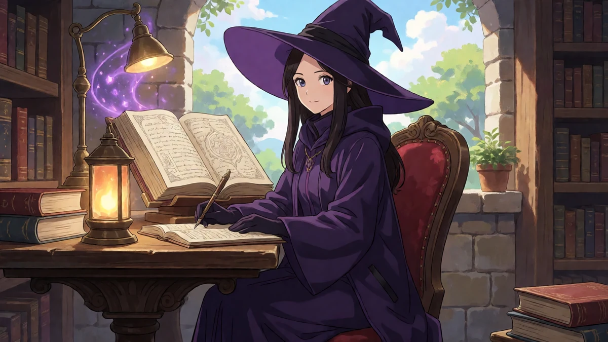 h游戏魔女ADV主题图，成年动漫女性穿深紫长袍坐在魔法书房桌旁