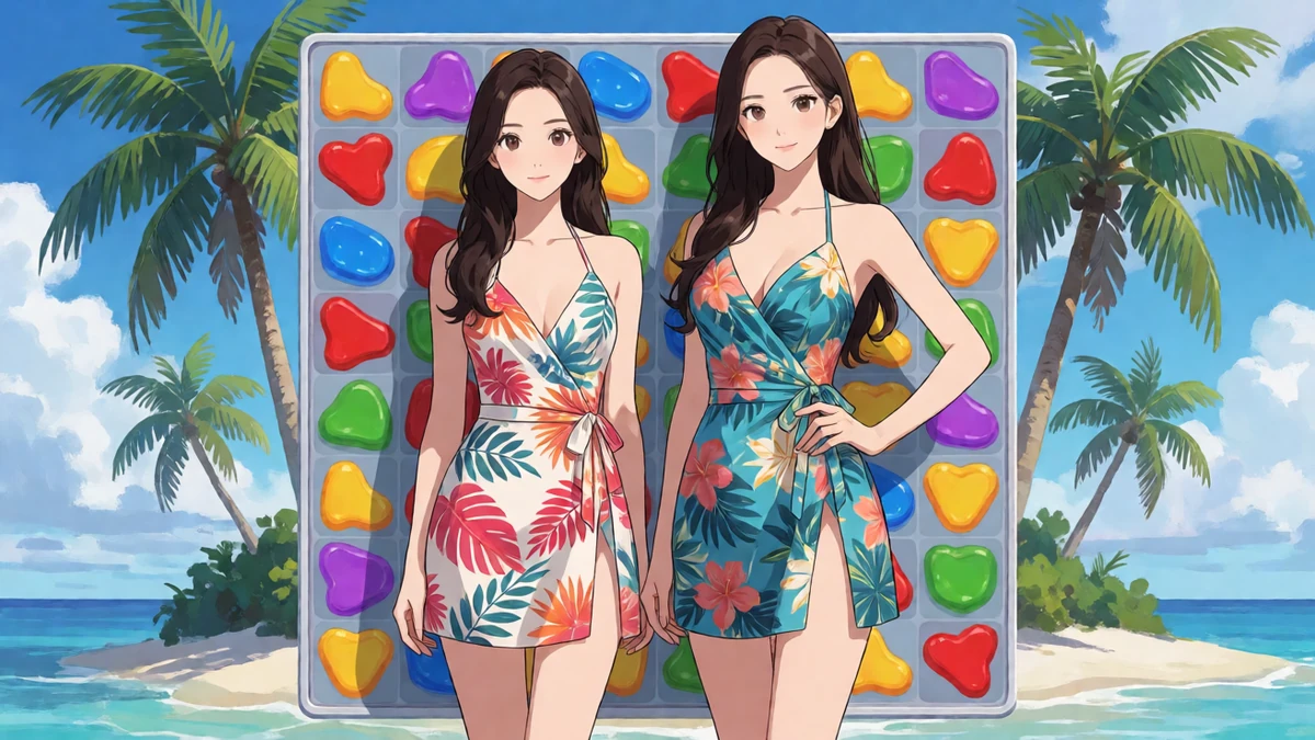 h游戏HuniePop 2主题图，两名成年动漫女性穿热带度假裙站在无字谜题棋盘旁
