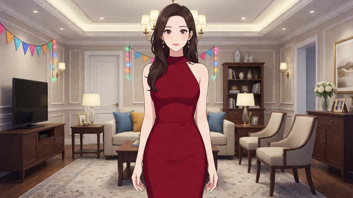 h游戏House Party主题图，成年动漫女性穿红色派对裙站在客厅社交场景