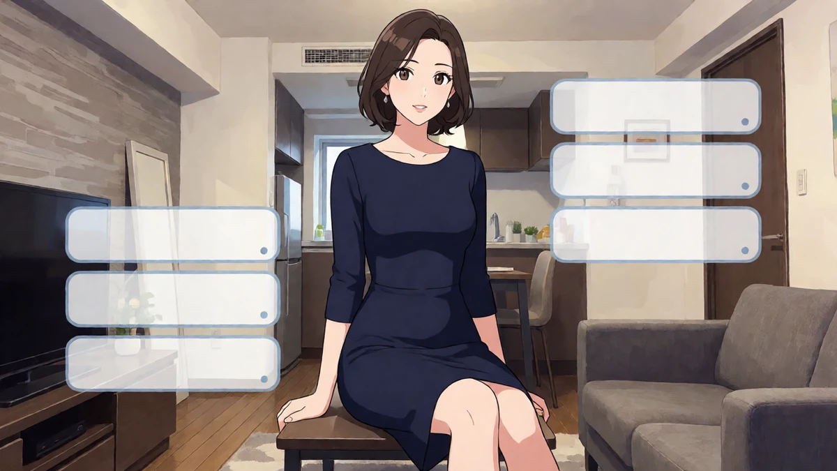 h游戏Being a DIK主题图，成年动漫女性穿深蓝连衣裙坐在成年人公寓对话场景
