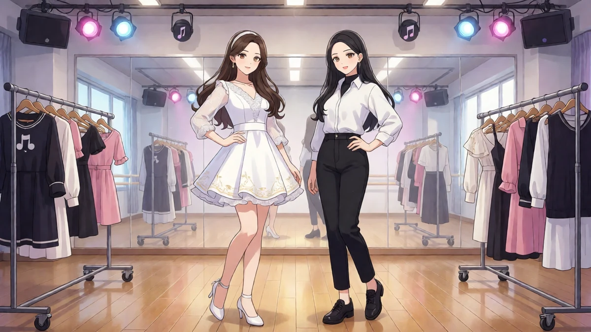 h游戏KISS服装与舞蹈主题图，两名成年动漫女性穿完整舞台服装站在更衣室